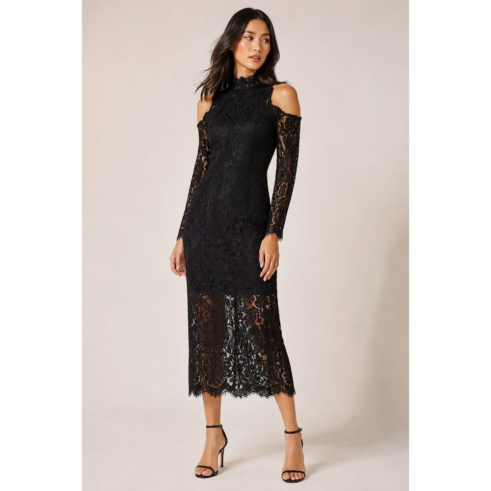 Yumi Kim Sultry Night Dress Women’s Small Black Lace Cold Shoulder Midi Dress